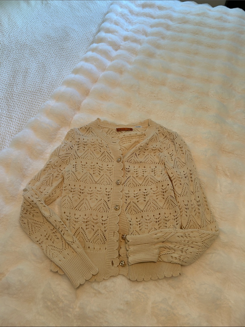 Cream Open-Knit Button Cardigan Sweater
